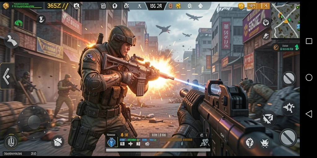 Tampilan pertarungan intens dalam gameplay 365ZK di arena FPS.