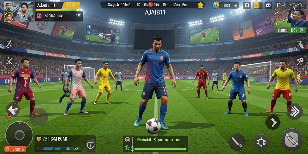 Tampilan gameplay AJAIB11 dengan aksi pemain di lapangan.