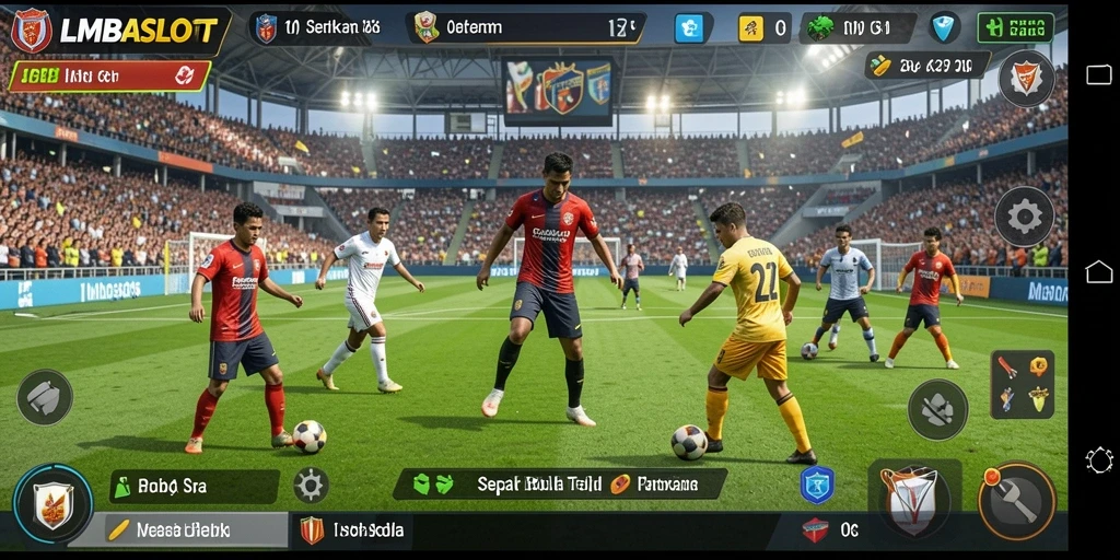 Screenshot LMBASLOT menampilkan aksi sepak bola seru yang mendebarkan.