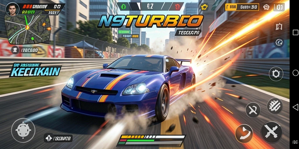Screenshot gameplay N9TURBO, menampilkan balapan mendebarkan di trek penuh tantangan.