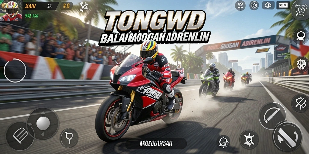 Screenshot gameplay dari TONGWD yang menunjukkan aksi balapan motor yang intens.